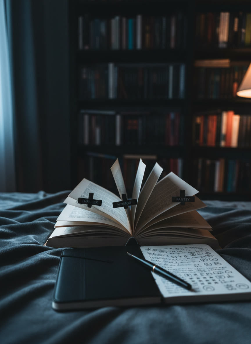 An open hardcover book lying on a charcoal-gray velvet blanket, pages fanned and marked with small dark metal page clips, each labeled by genre: thriller, horror, fantasy. Beside it, a sleek black notebook filled with tiny, indecipherable scribbles and rating symbols hints at detailed reviews. A towering, shadowy bookshelf looms in the background, its rows of novels fading into darkness. Cold, bluish window light seeps in from the left, contrasting with a soft amber glow from a distant lamp, creating layered, cinematic shadows. Photographic realism, shot from a slightly elevated angle using the rule of thirds, gives the scene a contemplative, mysterious atmosphere that embodies Sophie_lost_in_pages.